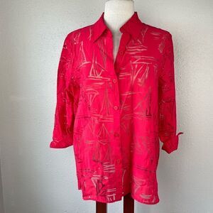 Alfred Dunner Red Sheer Button Down Shirt Size 14 EUC